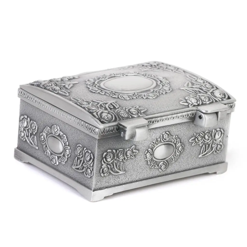 

Vintage Treasure Chests Shape Tin Jewelry Box Gifts Case Antique Silver