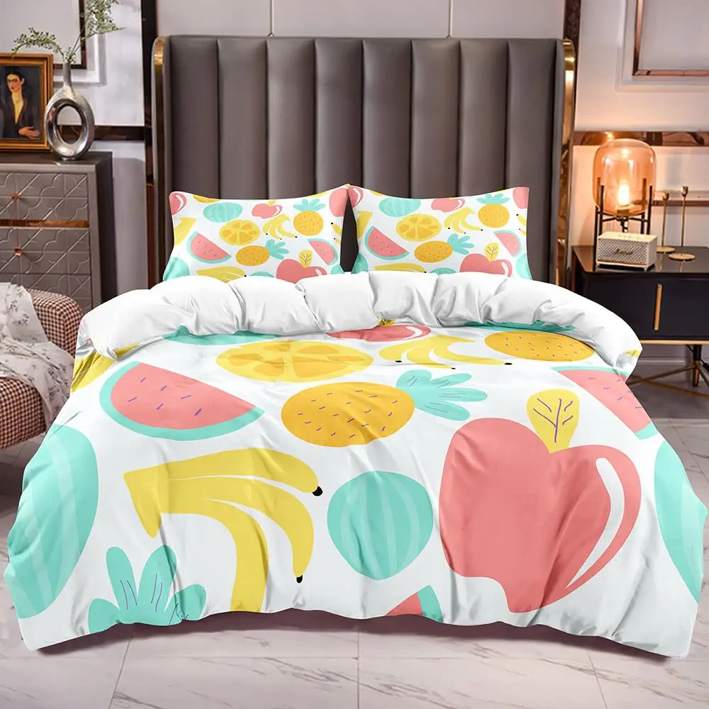 

Fruit Duvet Cover Set Queen Size Microfiber Watermelon Banana Apple Pineapple Print Bedding Set Cartton Theme Small Fresh Style