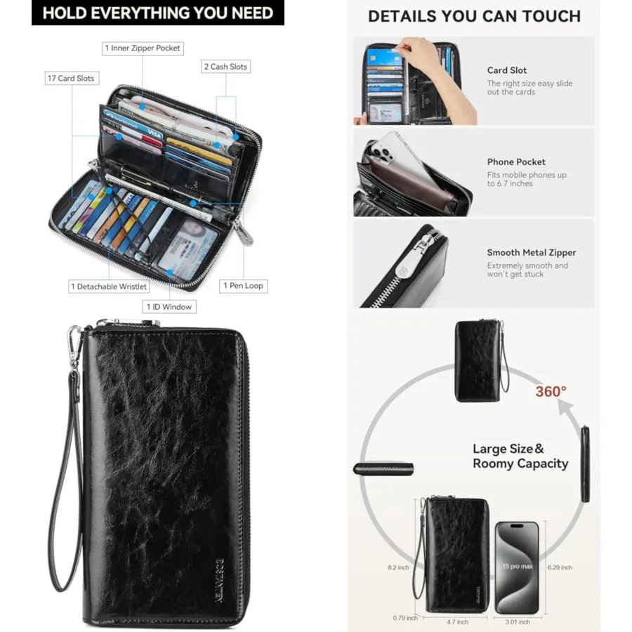 

Leather Wallet for Women RFID Blocking Zip Around Credit Cards Holder Phone Clutch
