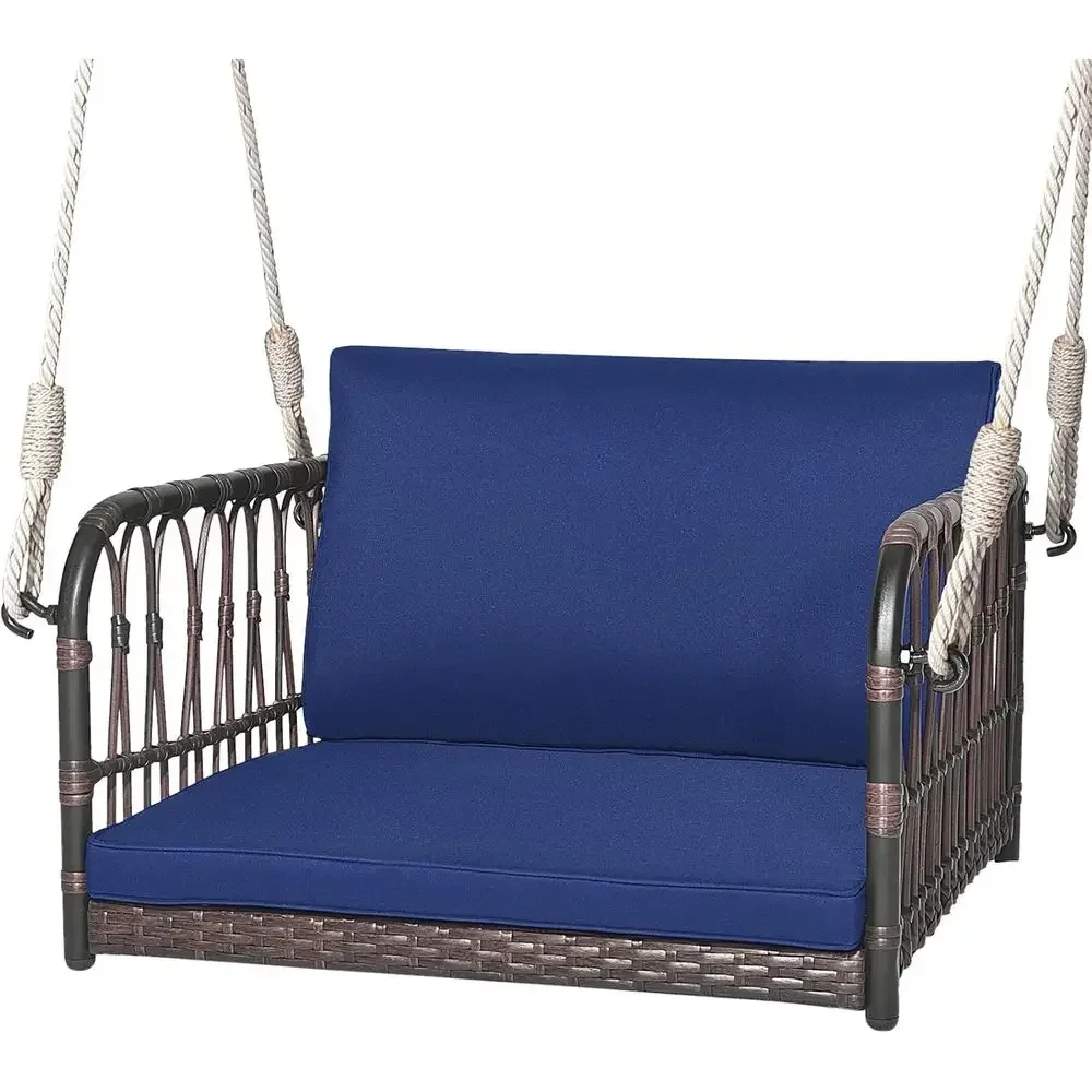 1 Person Outdoor Patio Wicker Swing Chair with Cushion, Ropes, and Hooks, Navy Blue for Garden, Backyard, or Balcony