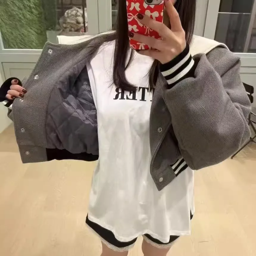 College Sle Baseball Jaet Donna Anti-età Versatile Thiened ort Cerniera Jaet in cotone con cappuccio Colletto ampio