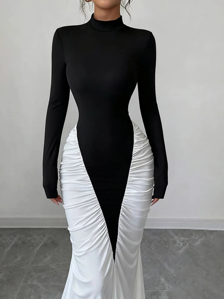 

JULISSA MO Turtleneck Patchwork Draped Maxi Dress Women White Long Sleeve Bodycon Dress Autumn Slim Elegant Party Evening Dress