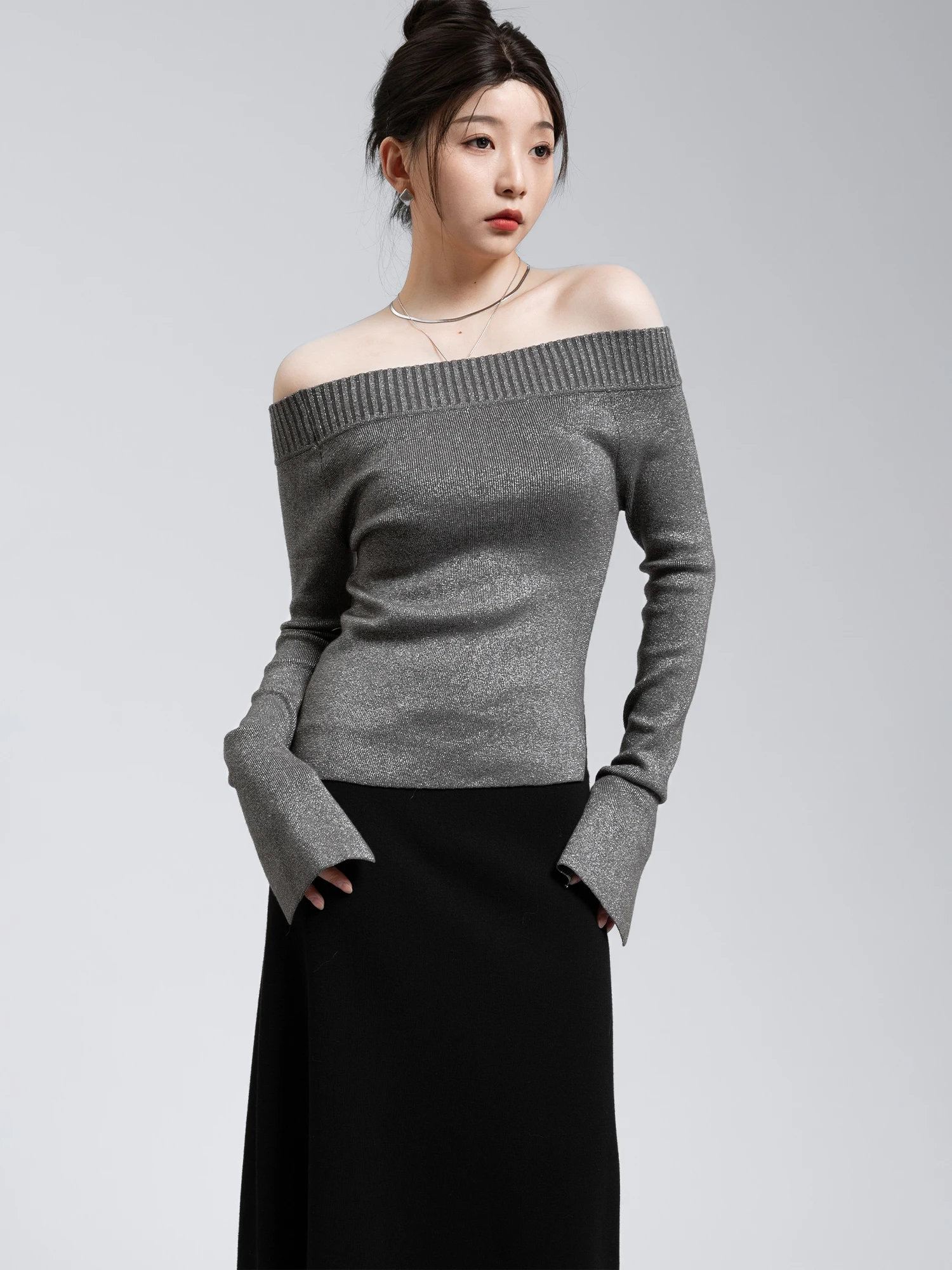 

Sexy Knitted Long Sve oulder Bared Bell Bot One oulder Design Women's Faion Commute Sle Slim Fit Pure Desire