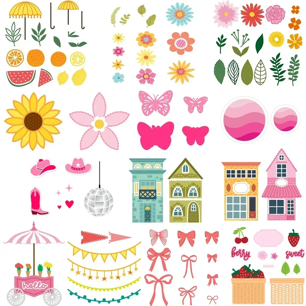 Frische Früchte und Regenschirme, Blumenblatt-Stanzformen, Schleife, Hausbanner, gestanztes Set für DIY Scrapbooking, Papierkarten, Herstellung, Neu