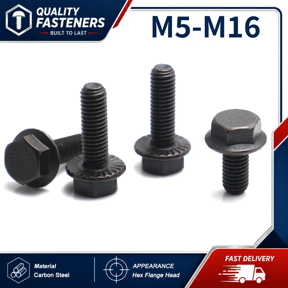 1-3PCS 10.9 Grade Carbon Steel Serrated External Hex Flange Full Thread Screws M5 M6 M8 M10 M12 M14 M16