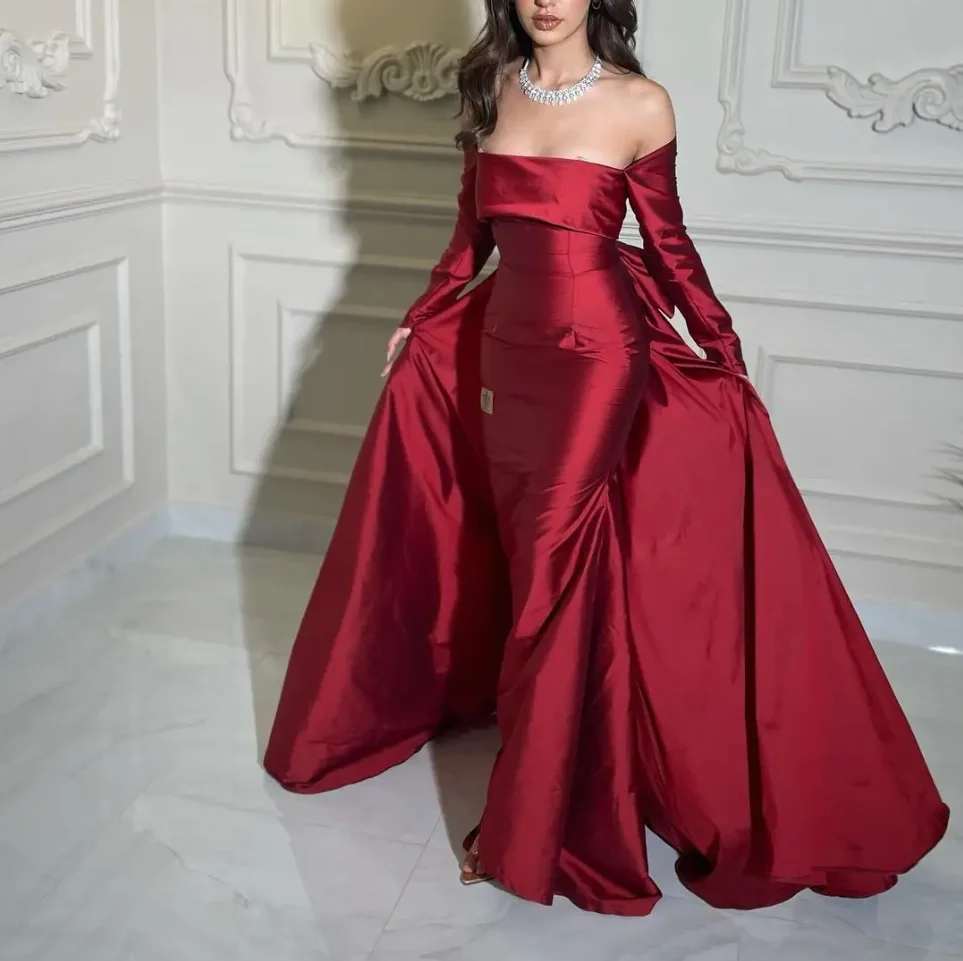 

Vestidos De Fiesta Off Shoulder Red Taffeta Shiny Prom Dresses Long Sleeves Mermaid Bow Tail floor-Length Formal Party Gown