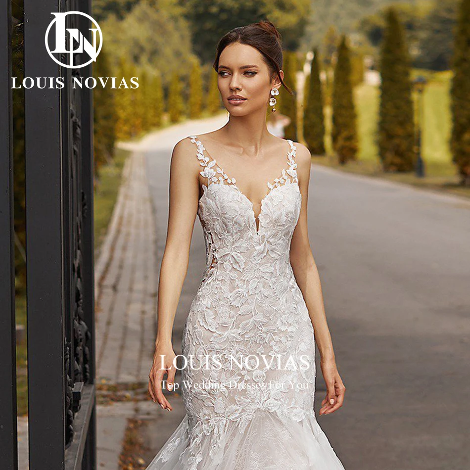 Louis novias sereia vestido de casamento querida cintas de espaguete bordado ilusão tribunal trem vestido de casamento vestidos de novia