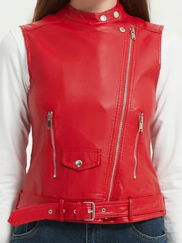 Women's PU Faux Leather Sleeveless Jackets, Black, Red, Waistcoats, Belt, Zippers, Vest, Pocket, Motorcycle, Ladies, Plus Size
