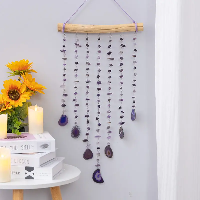 Sun Catcher 7 Chakra Gems Natural Stones Green Aventurine Healing Crystal Agate Amethyst Wood Hanging Art Wall Room Decor Gift