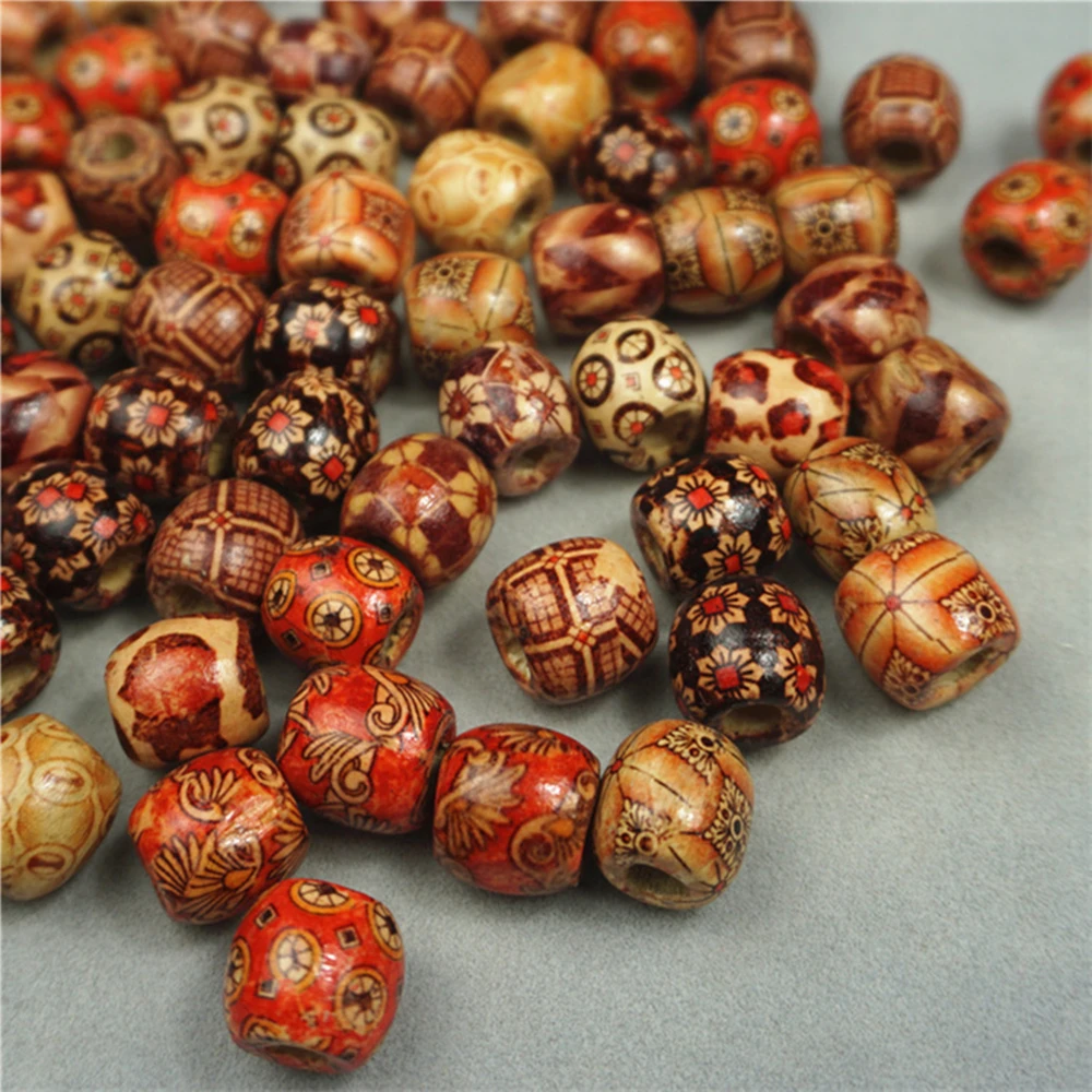 100pcs Printing Wooden Beads Spacer Round Big Hole Wood Beads For Necklace Bracelet Charms Diy Jewelry Making