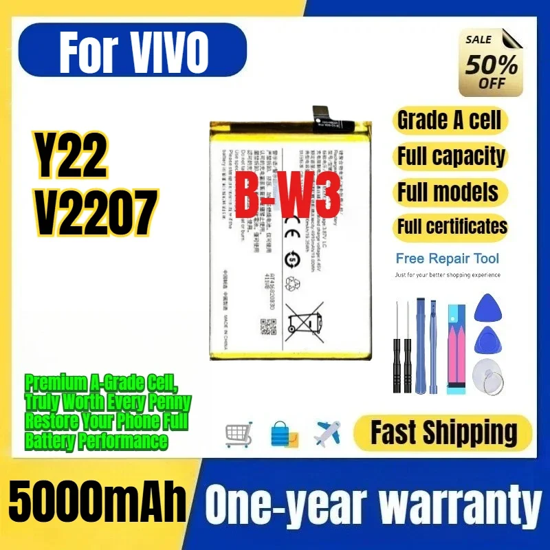 B-W3 for VIVO Y22/V2207 Phone Battery 0 Cycle High Quality High Capacity Battery Replacement Bateria Grade A Cell with Tools