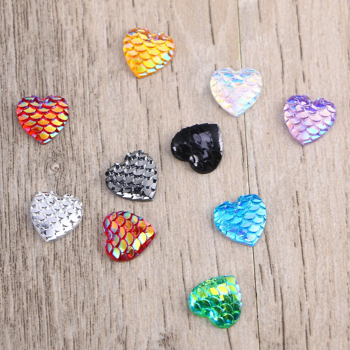 

100Pcs Resin Iridescent Heart-Shaped Mermaid Cabochons Flat Back 12Mm DIY Jewelry Accessories Bracelet Necklace Making Glitter
