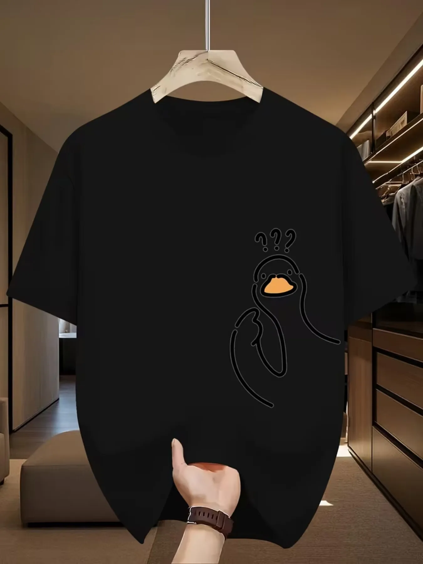 Funny Pet Question Mark Duck Print Short Sleeved Fashion Trend T-shirt for Couples Loose Half Sleeved T-shirt