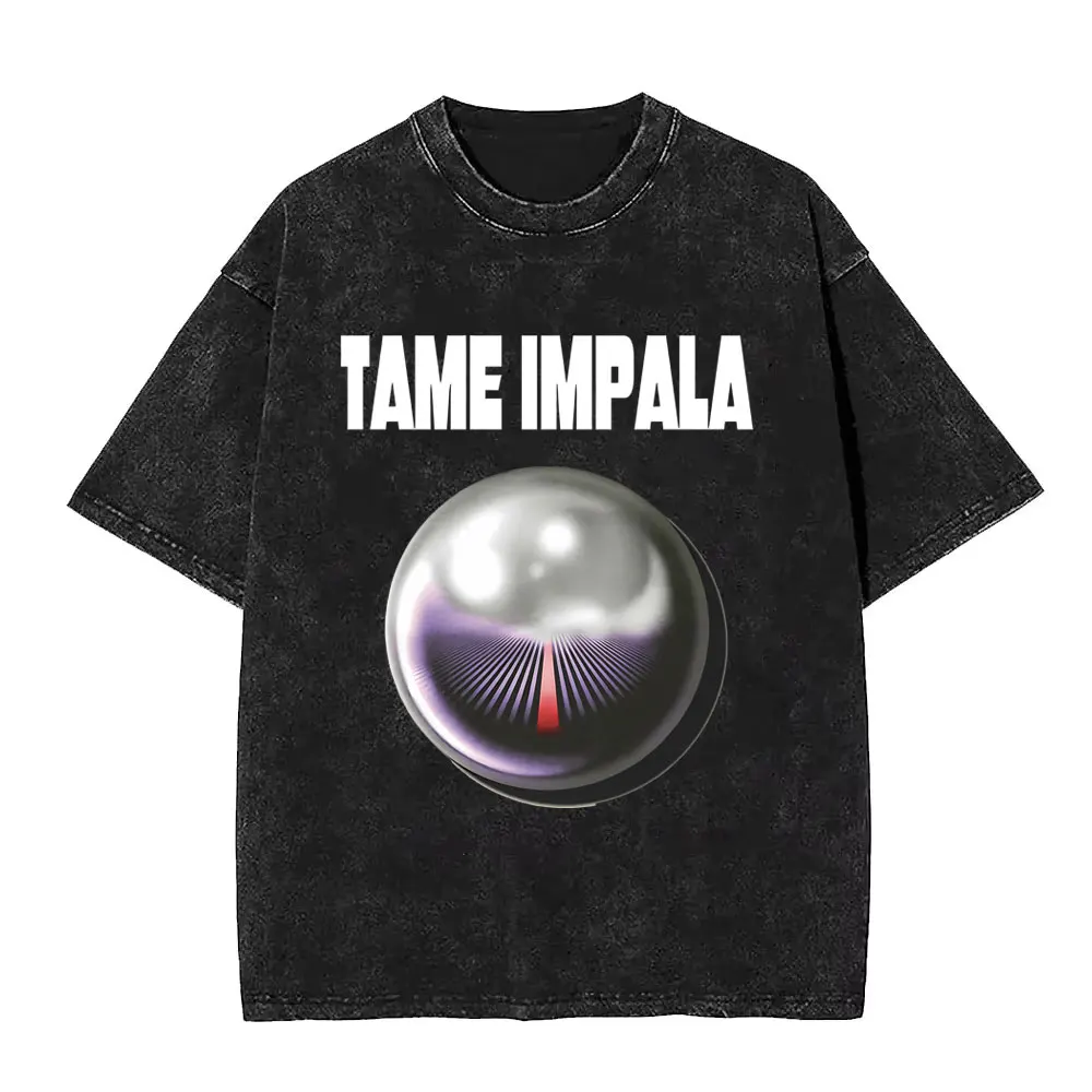 Vintage Washed Pop Rock Band Tame Impala Currents Grafikdruck T-Shirts Männer Frauen Casual Baumwolle Übergroßes Kurzarm-T-Shirt – Detail 17