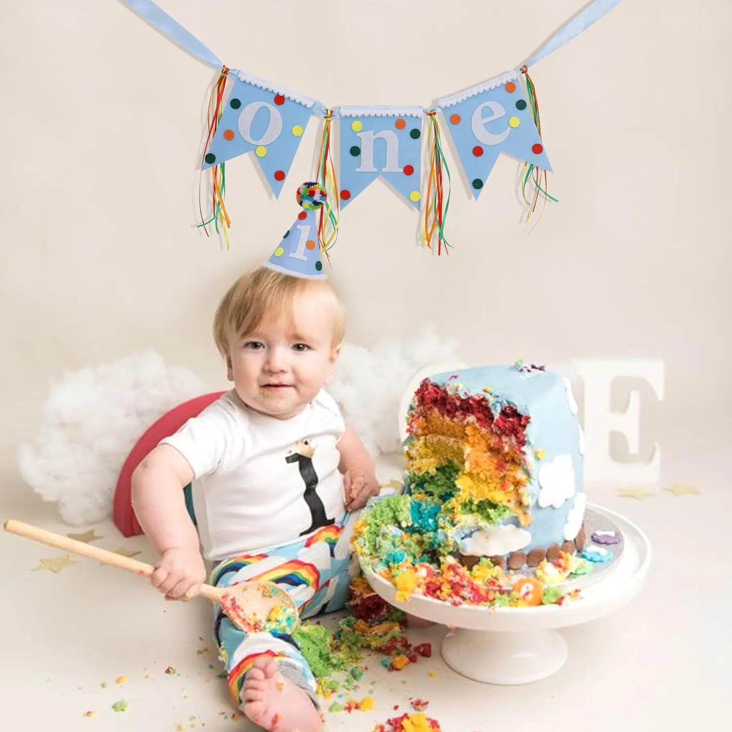 Rainbow Polka Dot High Chair Banner & Hat , One First Birthday Decorations,1st Birthday Hat,Colorful Party Decor Photo Props view 2