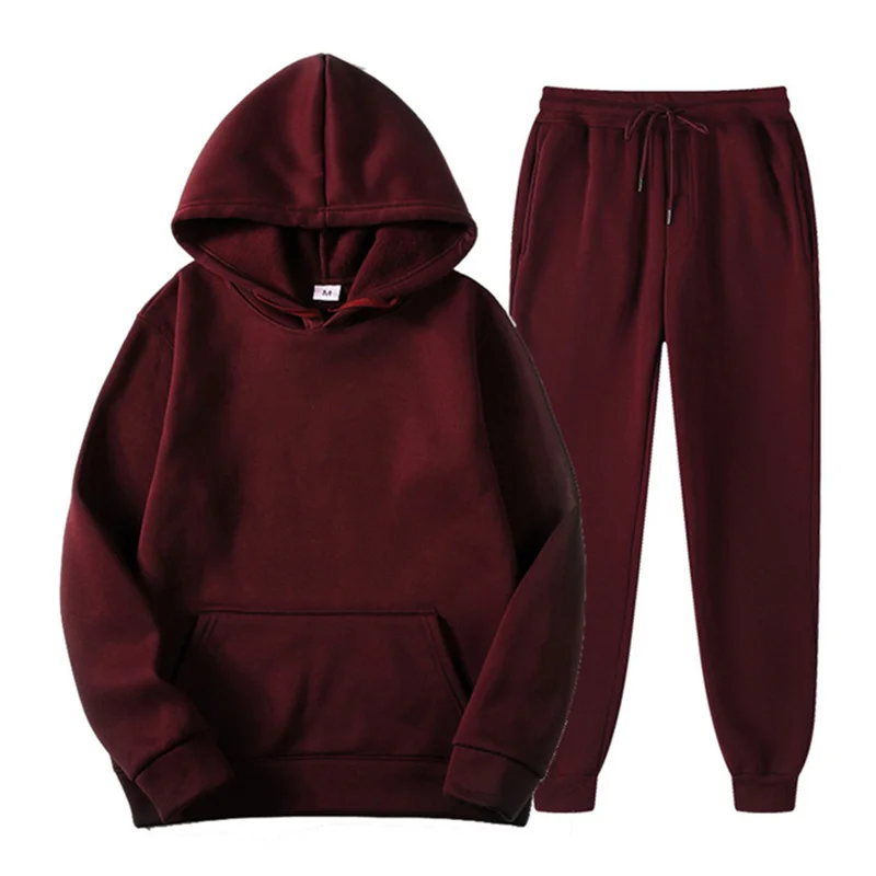 2022Autumn Tracksuit Solid Color Sports Pullover Two-piece Set Men\'s Hooded Casual Sweatshirt+Sweatpants Suit Hoodie Couple Suit