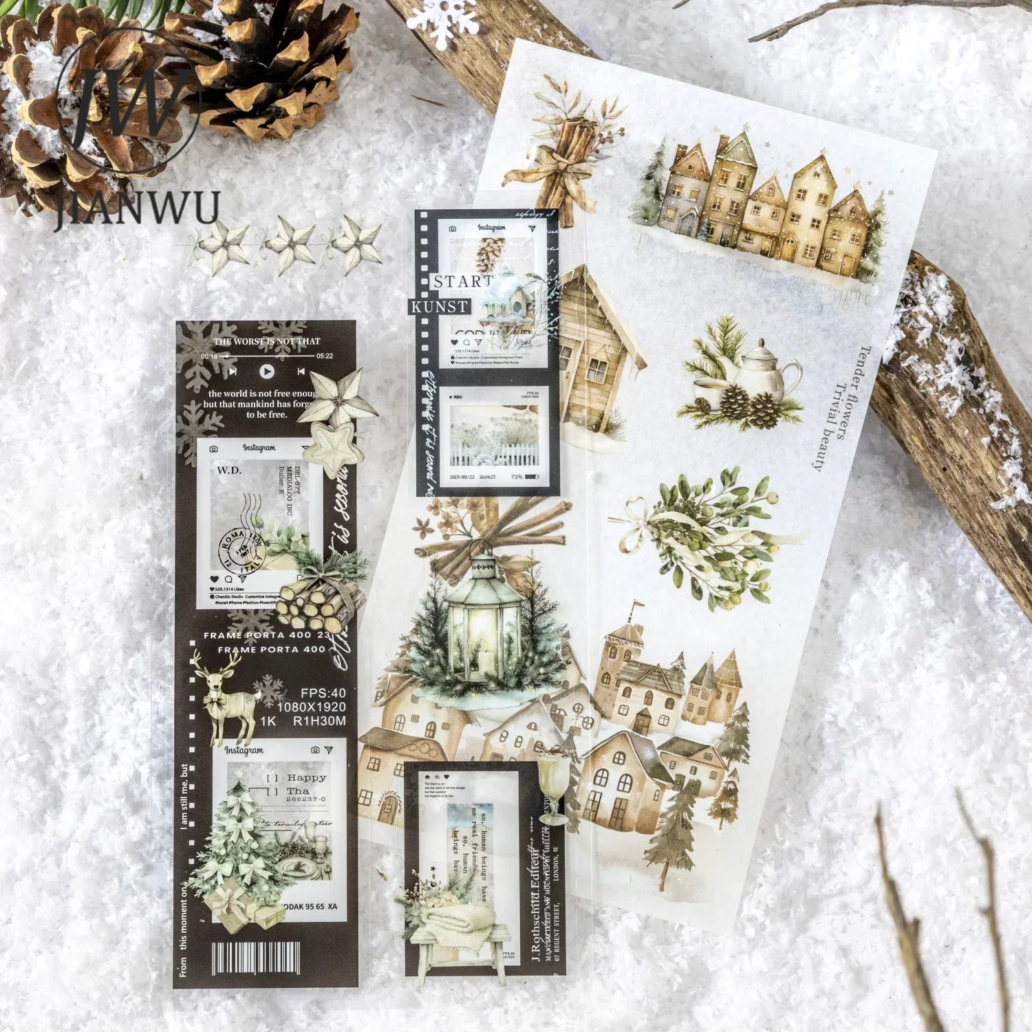 JIANWU Winter Snow Collection Series Vintage Plant Flower Landscaping Material Collage Sticker Book Creative Journal Stationery