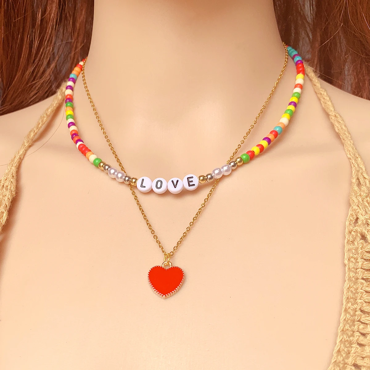 2pcs Bohemia Beaded Choker Necklace Set for Women Love Letters Heart Pendant Chain Necklace Fashion  Jewelry Boho Accessory