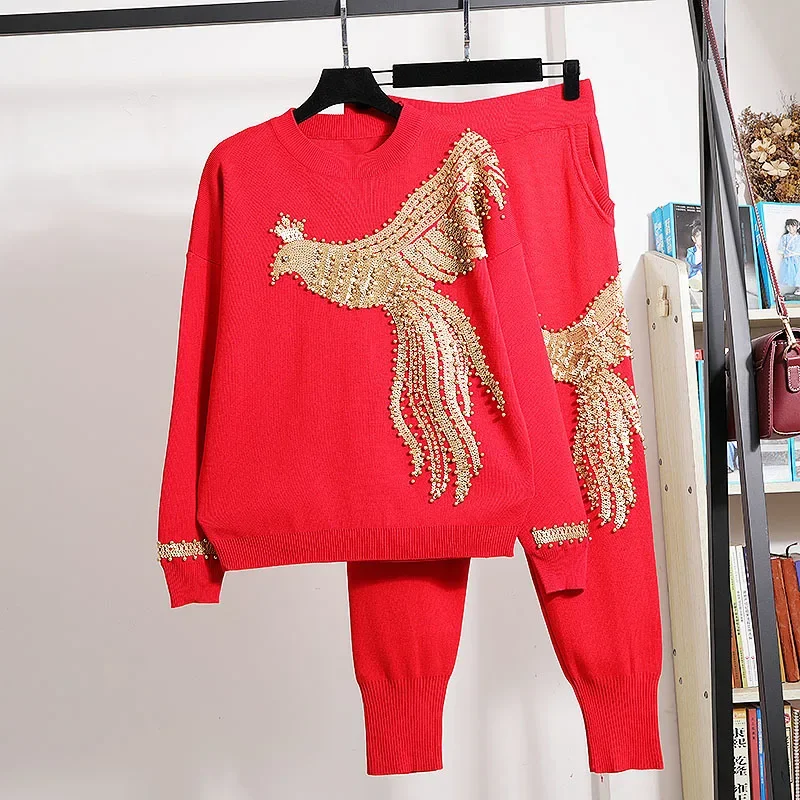 Beading Sequins Phoenix Knitted Set Women Tracksuits Loose Pullover Sweater Pants Outfits Female Knit Suit 2pc Red White Black