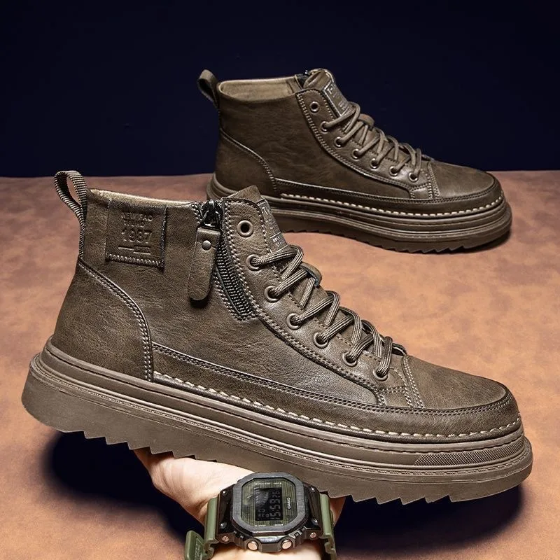 

New Men Leather Boots Spring Comfortable Soft Sole High Top Work Shoes Classic Business Casual Ankle Boots Sneakers Botas Hombre
