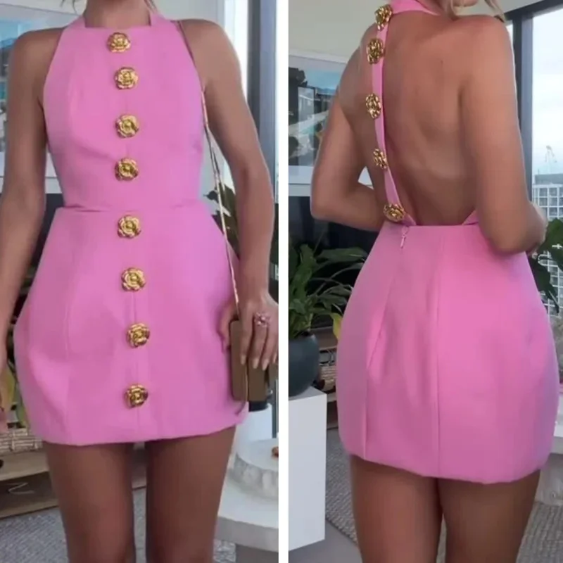 Sexy Flower Button Women\'s Short Dress 2024 Summer Hanging Neck Solid Color Waist Wrapped Hip Dress Fashion Slim Fit Mini Dress