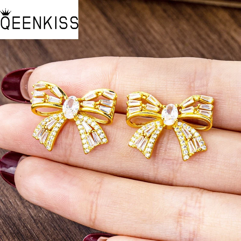 

QEENKISS 24KT Gold Bowknot Stud Earrings For Women Wedding Party Birthday Christmas Bride Mother Girlfriend Ladies Gifts EG5514
