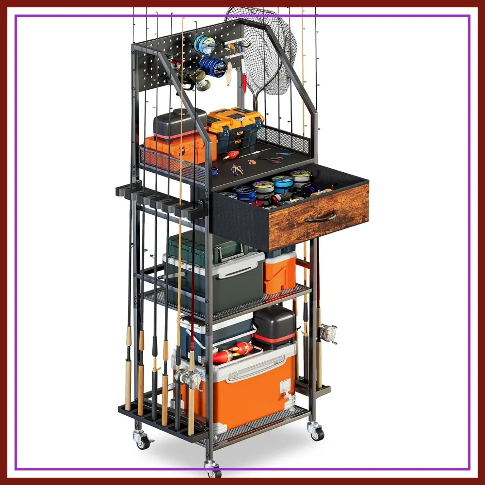 

Fishing Rod Holder Organizer with Fabric Drawer & Pegboard, Garage Storage for 12 Rods, Portable Fishing Gear Cart