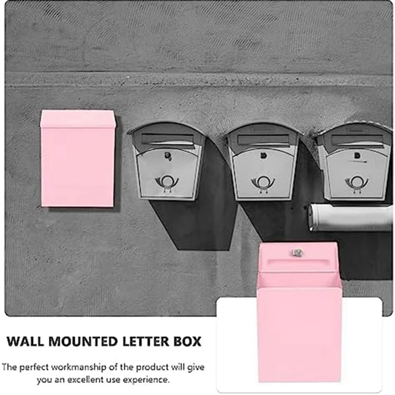 Wall-Mounted Mailbox Wall Collection Box Farmhouse Mailbox + Key Suitable For Home Office Pink