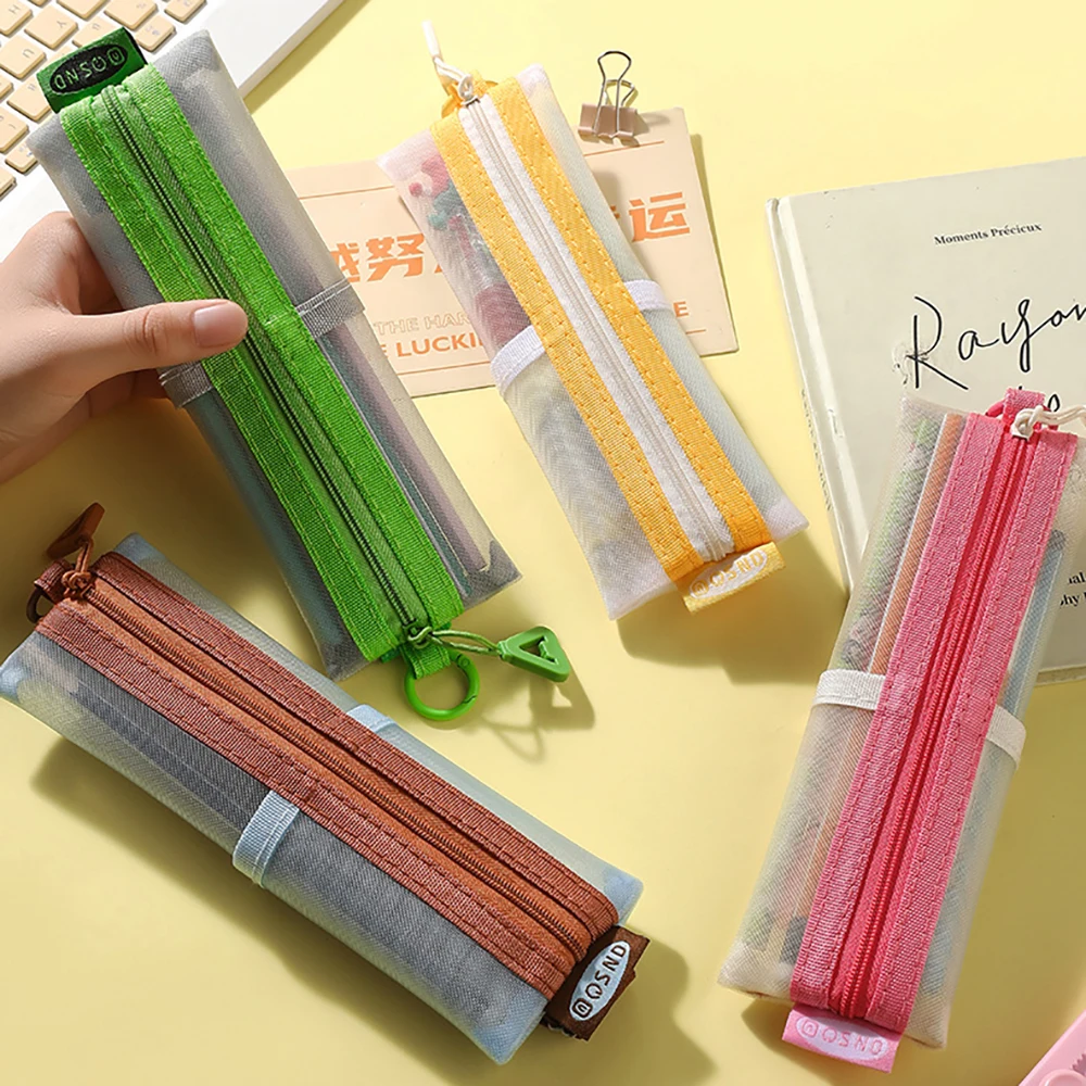 Transparent mesh pencil case, large capacity student adjustable strap stationery bag, external portable stationery storage