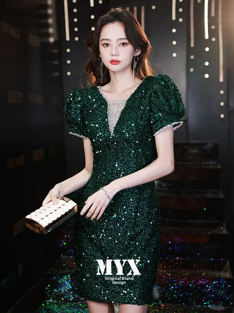 

Ele ort een Sequin Evening Dr Women's Faionable Korean Sle Bubble Sve Zipper High Waist ort Dr