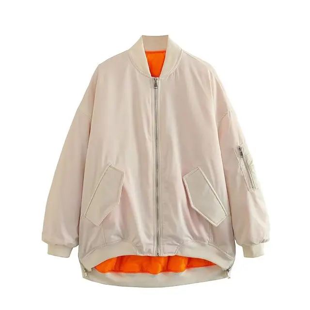 Chaqueta Bomber holgada con cuello redondo para mujer, abrigo de algodón con bolsillo oblicuo y cremallera, prendas de vestir informales, Otoño e