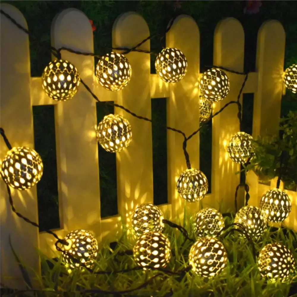 Gold Ball Solar LED String Lights Iron Round Ball Waterproof Outdoor String Lights Silver Ball Creative Design Solar String Lamp