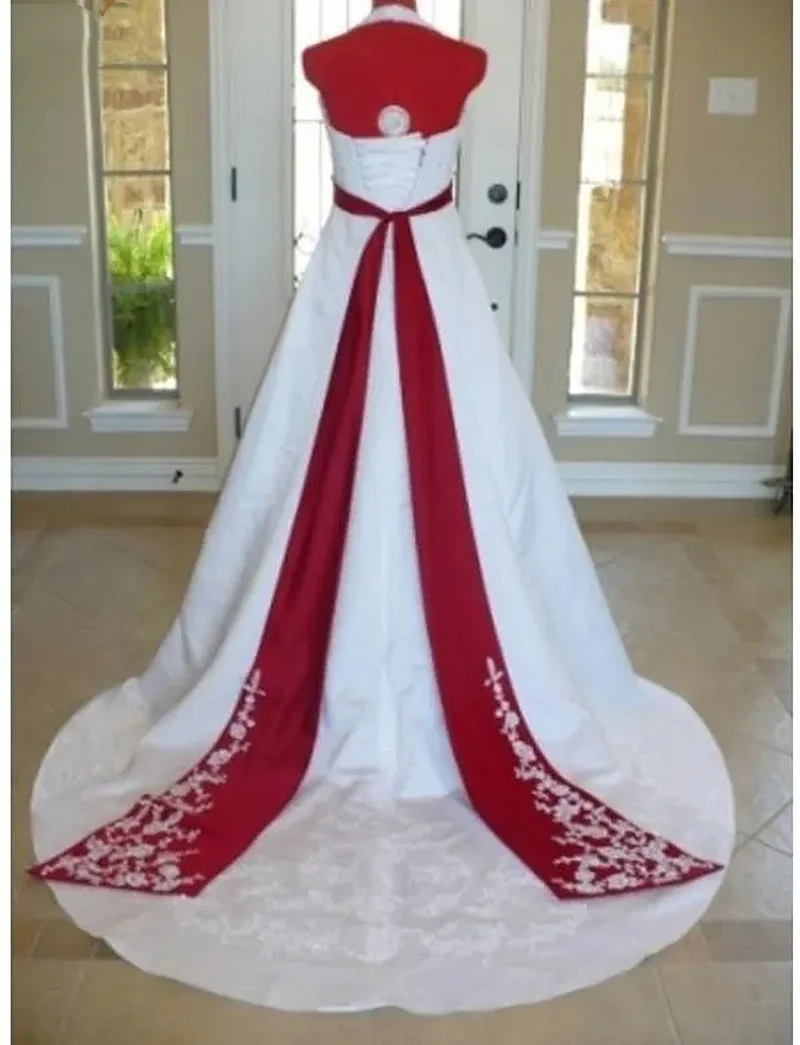 Vintage White And Burgundy Wedding Dress Empire Waist A Line Long Satin Bridal Gowns V Neck Lace Appliques Plus Size Robe 2024