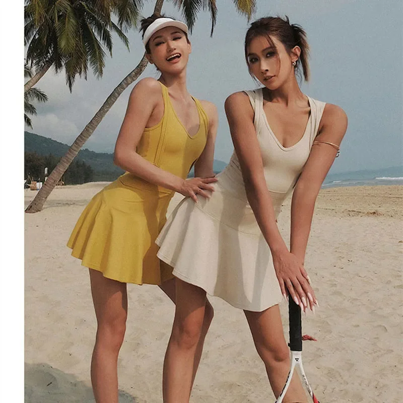 

Tennis Dress Female Sleeveless Sport Suits Training Running Fitness Short Skorts Golf Badminton Tracksuits Padded Yoga Skirts