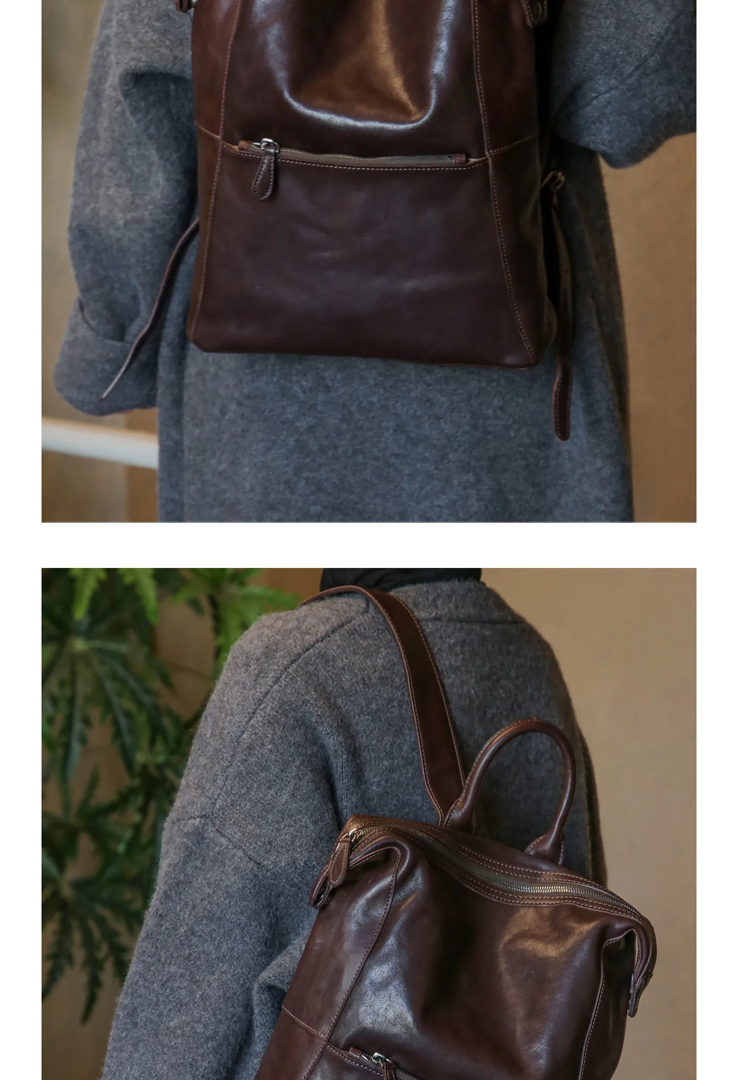 PNDME einfacher Vintage-Rucksack aus hochwertigem echtem Leder für Damen, lässiger, luxuriöser Schulrucksack aus pflanzlich gegerbtem Rindsleder für den täglichen Gebrauch. – Detail 6