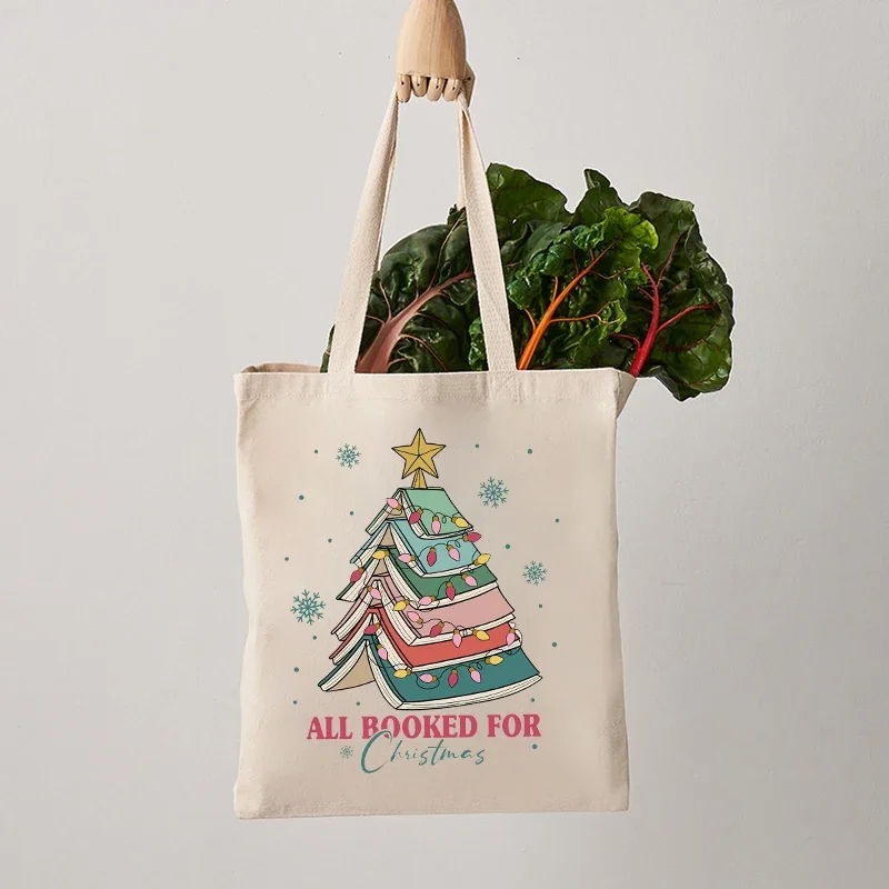 Christmas Book Tree Pattern Canvas Tote Bag Christmas Gift for Teacher Book Lovers Christmas Gift Large Capacity Shopping Bag