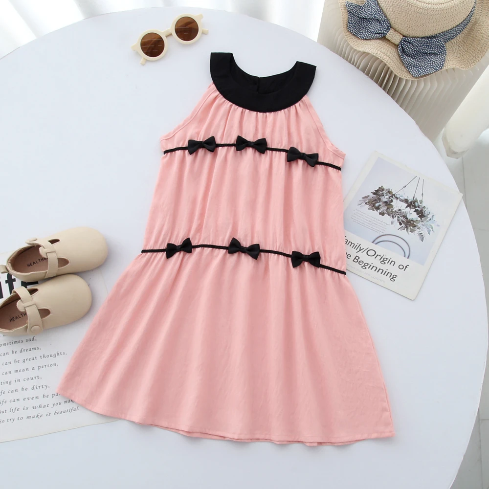 Europe and America Girls Princess Dresses Summer Bow Tie Neck Hanging Vacation Dress Kids Sweet Clothes for 3-7Y