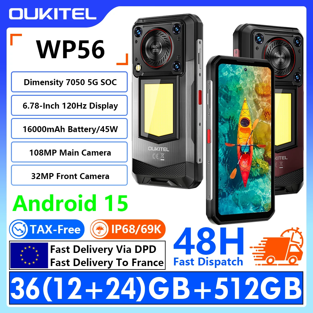 [Versand aus innerhalb Europas] OUKITEL WP56 5G Robustes Smartphone 6,8-Zoll FHD+ 120Hz Display 36(12+24)GB RAM+512GB ROM MediaTek Dimensity 7025 5G 16000mAh Akku 45W Schnellladung 108MP+32MP Kamera