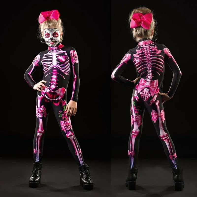 

Rose Skeleton Adult Kids Scary Costume Halloween Dress Cosplay Sexy Jumpsuit Carnival Party Baby Girl Rompers Day of The Dead