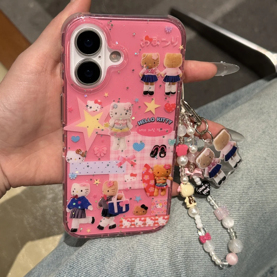 

Super Cool sweet Strawberry Hello Kitty Lovely Phone Case For iPhone 13 14 15 16 Pro Max Shining pink Silicone Protecor Cover