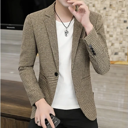 Mens spring suit top jacket Slim Fit Small Suit Casual Single breasted buckle check Coat Top