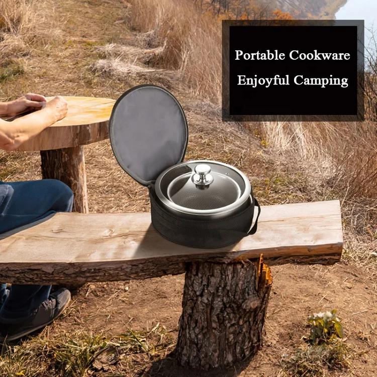 

High Quality Camping Equipment 3-ply Stainless Steel Detachable Handle Outdoor Cooking Pots And Pans Cookware