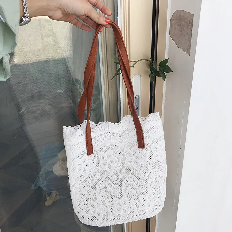 Fashion Bucket Shoulder Bag Female Summer Lace Tote Large Capacity Women\'s Casual Shopping Bag Beach Bag