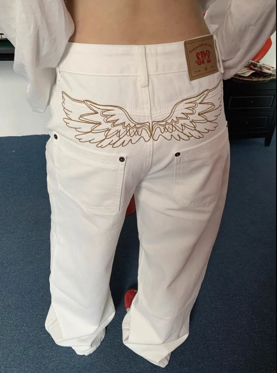 Y2K White Baggy Jeans with Angel Wings Embroidery - SP2 Streetwear Loose Denim Pants for Women, Harajuku Grunge Aesthetic