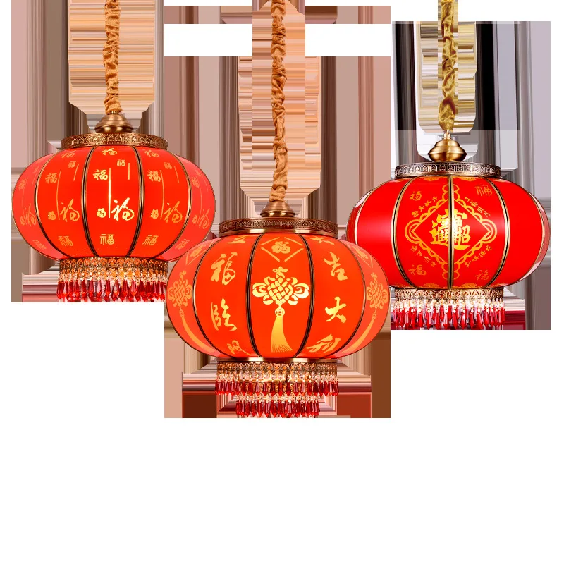 

All-copper bright red lantern Chinese chandelier simple outdoor balcony door light modern