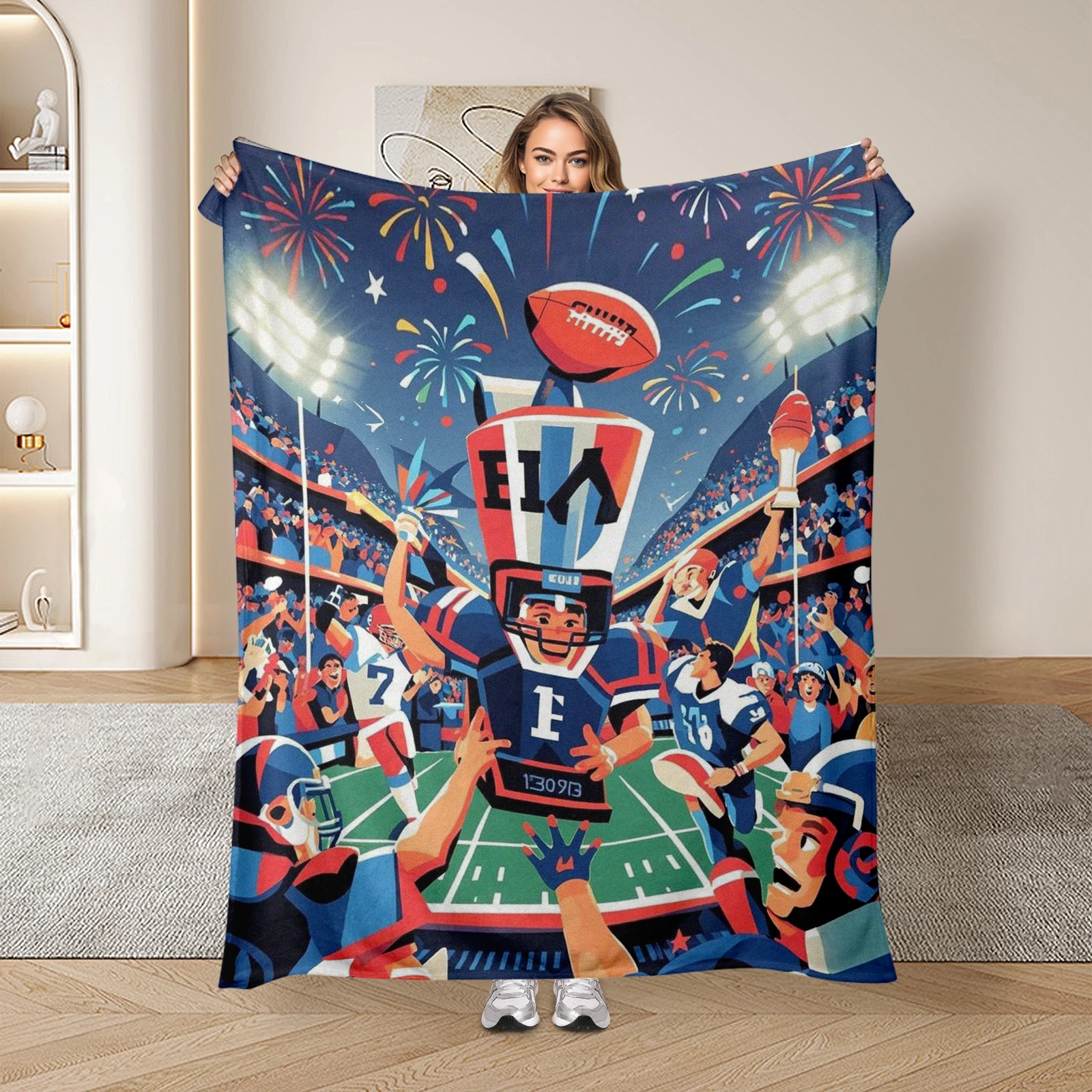 Richly Colored Cartoon Characters In Football Action Blanket Honors The Splendor Of Sports Events