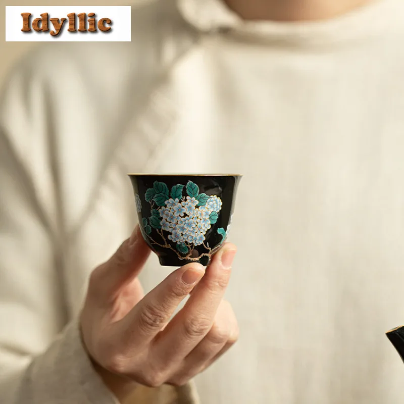 Cloisonn É الأسود المزجج المطرزة الكرة زهرة فنجان الشاي الرجعية وعاء الشاي لطيف كوب الشاي تذوق كوب شخصي Jianzhan ماستر أكواب الشاي #5