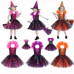 Halloween Carnival Witch Costume for Girls Color Sequin Lace Tutu Knee Dress With Hat Broom Baby Cosplay Party Outfit Led Set