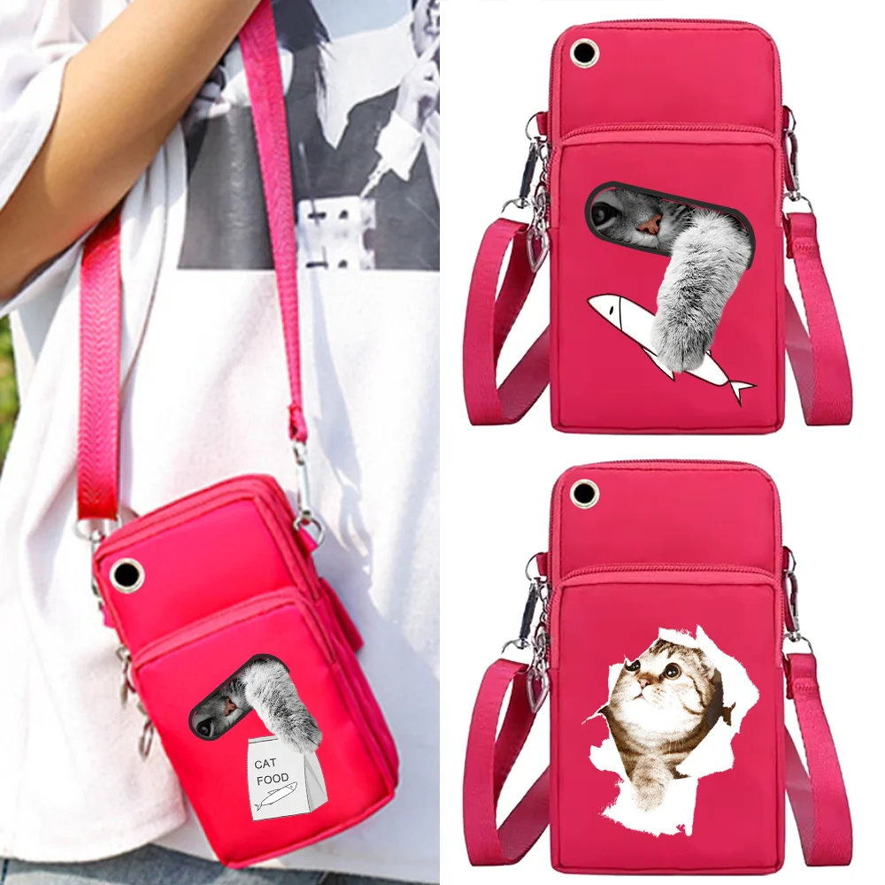 Mobile Phone Bag Wallets Women Shoulder Crossbody Bags Wrist Pack for Apple/Huawei/Samsung Cell Phone Packet Cat Print Arm Purse