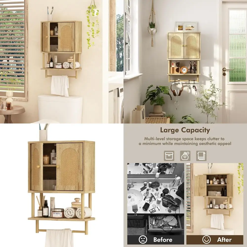 

Настенный шкаф для ванной комнаты из ротанга, современный аптечный шкаф в стиле бохо с двумя арочными дверцами из ротанга, шкаф для хранения над унитазом с рекламой